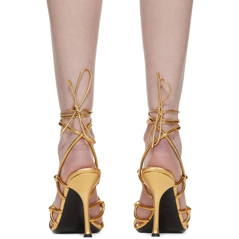 NIB Valentino Garavani Rockstud Net lace-up Heel Leather Sandals 36